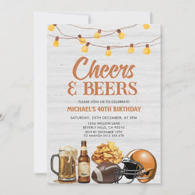 Cheers & Beers Adult Birthday String Lights Wood Invitation (Front)