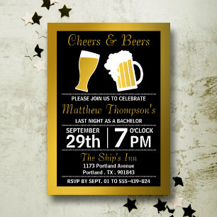 Cheers & Beers Black & Gold Bachelor Party Invitation