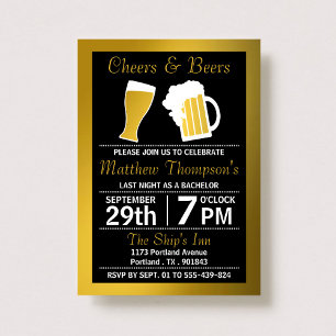 Cheers & Beers Black & Gold Bachelor Party Invitation
