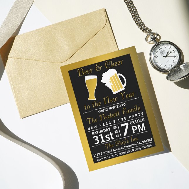 Cheers & Beers Black & Gold New Year's Eve Party Invitation (Creator Uploaded)