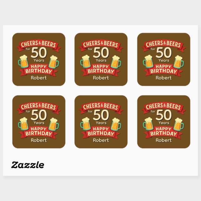 Cheers & Beers for 50 Years Happy Birthday NAME  Square Sticker (Sheet)