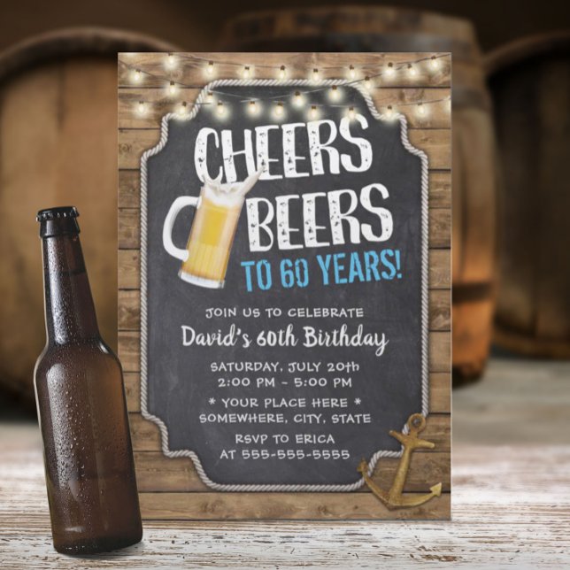 Cheers & Beers Gold Anchor Rustic 60th Birthday Invitation (Creator Uploaded)