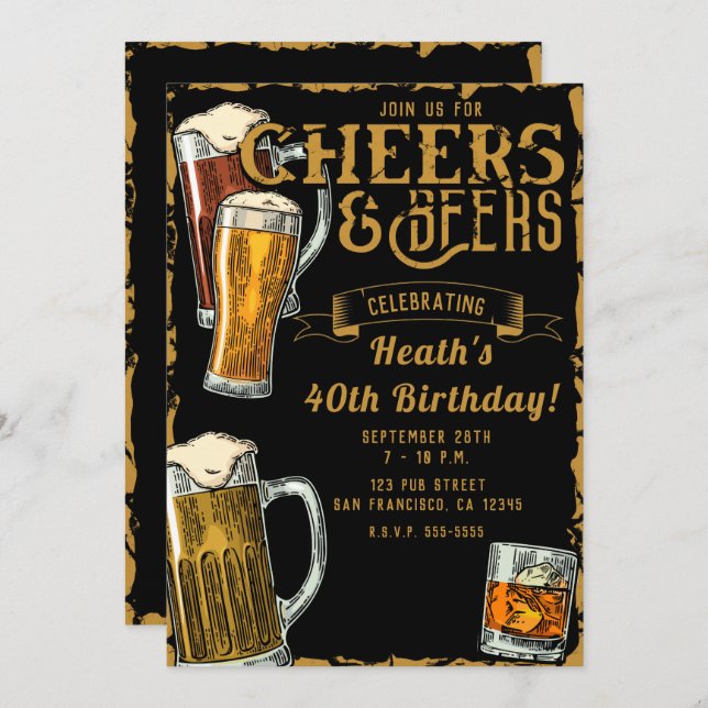 Cheers & Beers Gold Black Pub Bar Birthday Party Invitation (Front/Back)