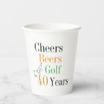 Cheers Beers Golf 40th Birthday Party Paper Cups<br><div class="desc">This is a cool and modern, 40th birthday, golf party design. It is a simple, minimal design, in classic black and white with pops gold orange and green coloured typography. Perfect for a cool and fun, golf and beer themed, 40th birthday party. This design is fully customisable, simply use the...</div>