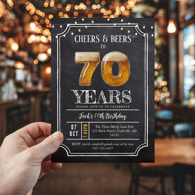 Cheers & Beers Men's 70th Birthday Invitation (70th birthday invite, cheers and beers)