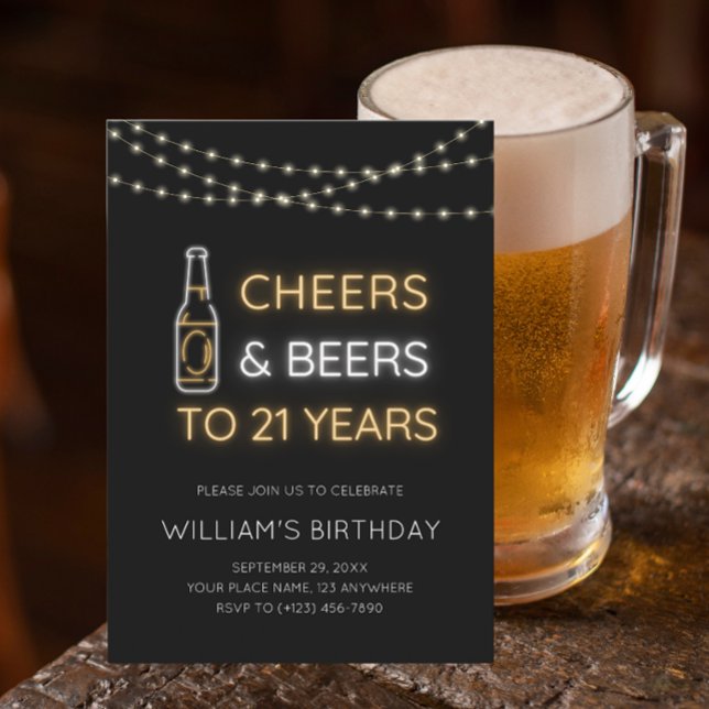 Cheers & Beers Neon Sign 21st Adult Birthday Photo Invitation (Creator Uploaded)