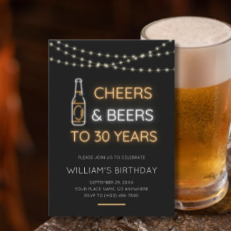 Cheers & Beers Neon Sign 30th Adult Birthday Photo Invitation