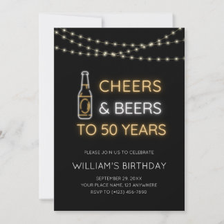 Cheers & Beers Neon Sign 50th Adult Birthday Photo Invitation