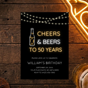 Cheers & Beers Neon Sign 50th Adult Birthday Photo Invitation