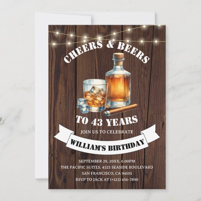 Cheers & Beers Rustic 43rd Country Birthday Party Invitation (Front)