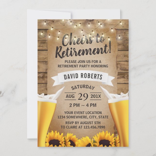 Cheers Beers Rustic Sunflowers Retirement Party Invitation (Front)