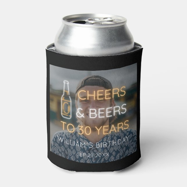 Cheers & Beers to 30 Years Neon Birthday Photo Can Cooler (Can Front)
