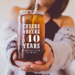 Cheers & Beers to 40 Years Any Milestone Birthday Can Glass<br><div class="desc">Commemorate a special birthday with these awesome personalised party favour glasses. Design features "cheers and beers to XX years" in white lettering; example shown for a 40th birthday. Add the occasion and date beneath for a unique birthday party keepsake.</div>