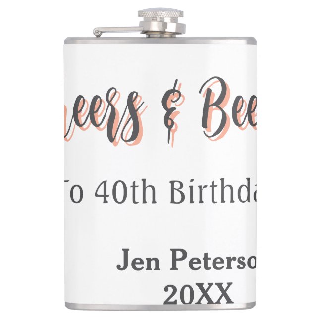 Cheers & beers to 40th birthday gray name year sin hip flask (Front)