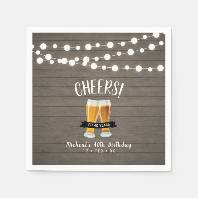 Cheers Beers | Wood Adult 40th Birthday Party Napkin (Front)