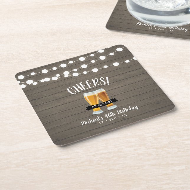 Cheers Beers | Wood Adult 40th Birthday Party Square Paper Coaster (Angled)