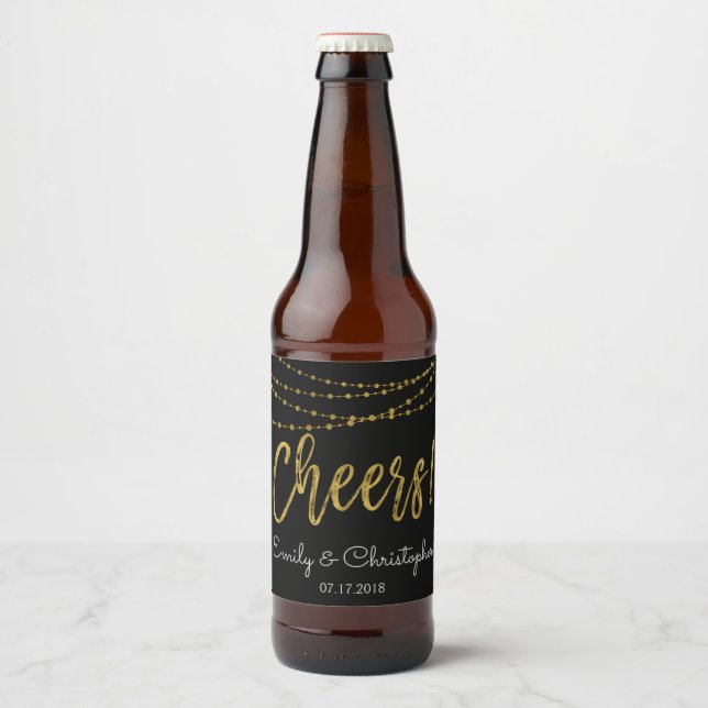 Cheers Black and Gold Foil String Lights Beer Bottle Label (Front)