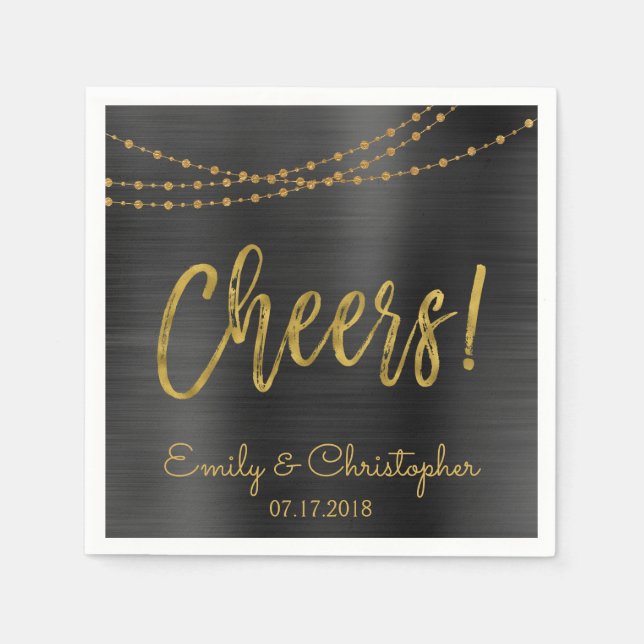 Cheers Black and Gold Foil String Lights Napkin (Front)