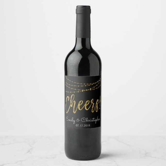 Cheers Black and Gold Foil String Lights Wine Label (Front)