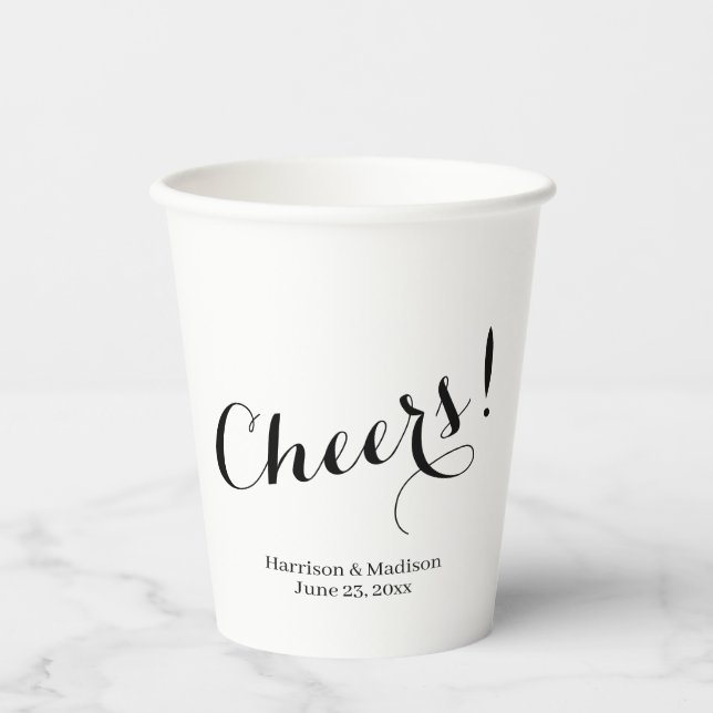 Cheers black custom script names elegant Wedding Paper Cups (Front)