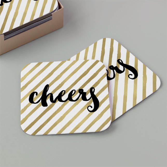 Cheers | Black & Faux Gold Stripe Square Paper Coaster (Creator Uploaded)