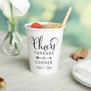 Cheers Black Script Boho Wedding Monogram Paper Cups