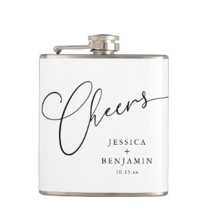 Cheers Black White Script Custom Wedding Favour Hip Flask