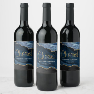 Cheers Blue Gold Glitter Agate Marble Wedding Wine Label