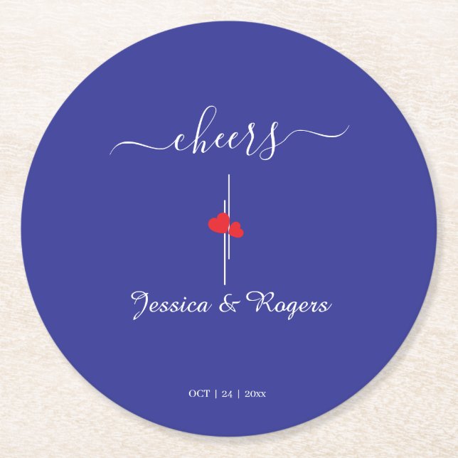 Cheers Blue Wedding Personalised Paper Coaster (Front)