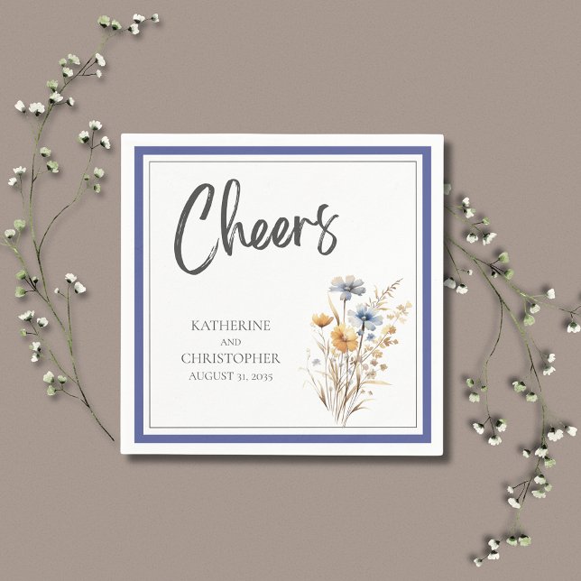 Cheers Blue Wildflowers Elegant Formal Wedding Napkin (Cheers Blue Wildflowers Elegant Formal Wedding Cocktail Napkin with blue, yellow, purple flowers.)