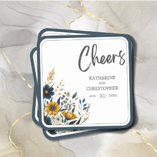 Cheers Blue Yellow Floral Wedding Square Paper Coaster