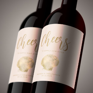 Cheers Blush Pink Gold Coastal Beach Wedding Wine Label