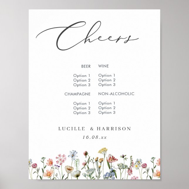 Cheers Boho Colourful Wild Flowers Wedding Bar Men Poster (Front)