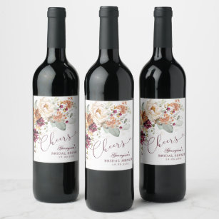 Cheers Boho Maroon Terracotta Bridal Shower Favour Wine Label