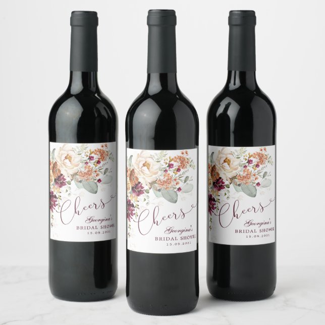 Cheers Boho Maroon Terracotta Bridal Shower Favour Wine Label (Bottles)