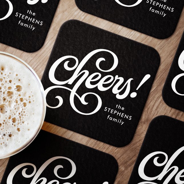 Cheers bold black and white stylish retro square paper coaster (Creator Uploaded)