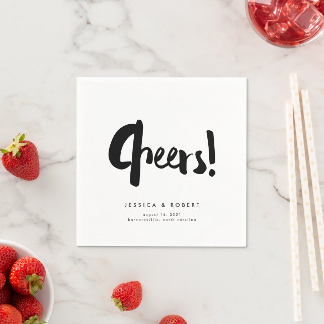 Cheers Bold Edgy Modern Black Brush Script Wedding Napkin (Insitu)