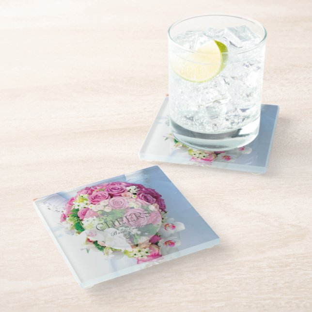Cheers-Bridal Lace Flower editable wedding Glass Coaster (Angled)
