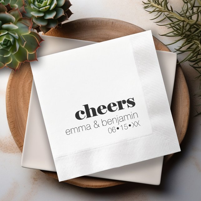 Cheers - Bride Groom Date - Modern Wedding Napkin (cheers - personalized wedding napkins - modern minimal black and white)