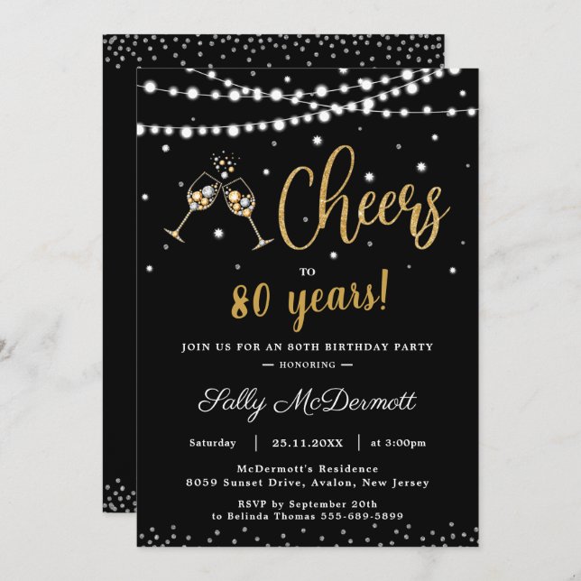 Cheers Bubbly Birthday Party Any Age Black Gold  Invitation (Front/Back)