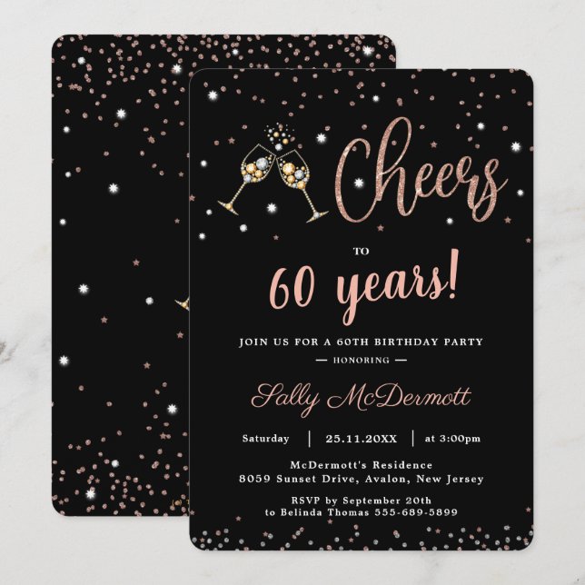 Cheers Bubbly Birthday Party Rose Gold ANY AGE Invitation (Front/Back)