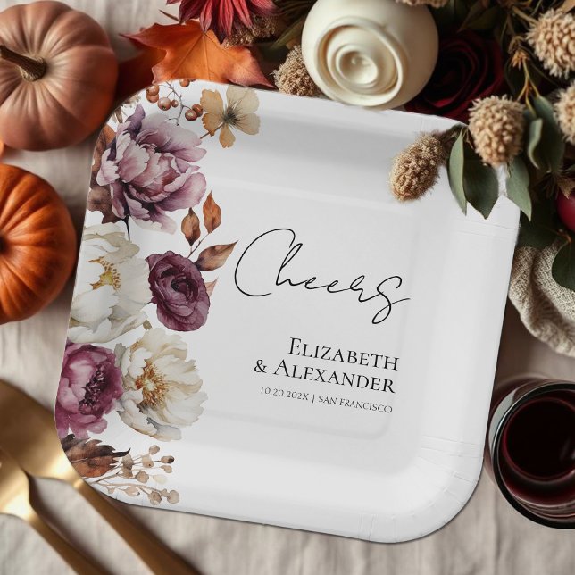 Cheers | Burgundy Floral  Autumn Wedding Paper Plate (Creator Uploaded)