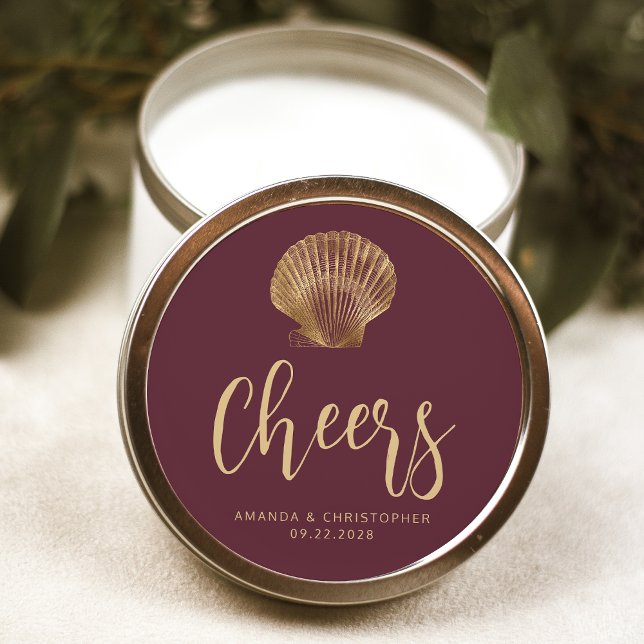 Cheers Burgundy Gold Coastal Beach Wedding Classic Round Sticker (Creator Uploaded)