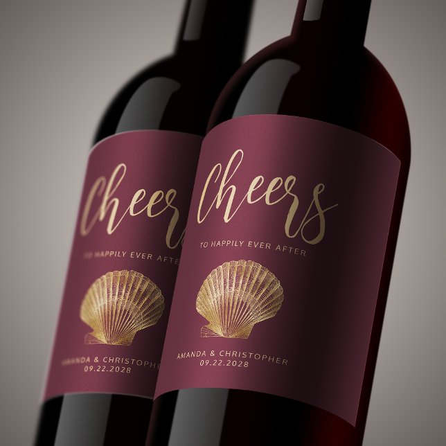 Cheers Burgundy Gold Coastal Beach Wedding Wine Label (Creator Uploaded)