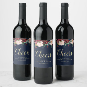 CHEERS   burgundy & navy blue floral wedding Wine Label