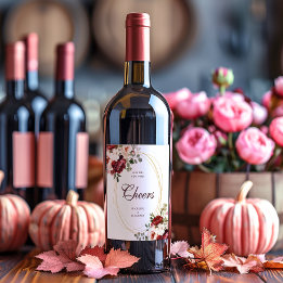 Cheers Burgundy Script Floral Gold Border Wedding Wine Label