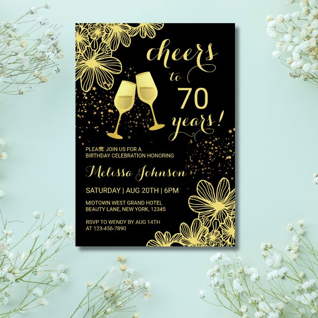 Cheers Champagne Floral Gold Black Birthday Invitation (Creator Uploaded)