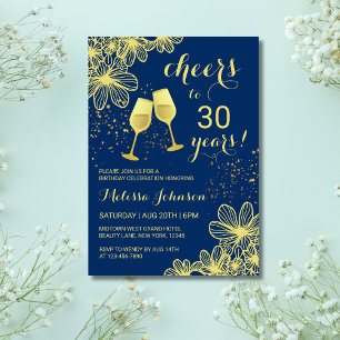 Cheers Champagne Floral Gold Navy Blue  Birthday Invitation