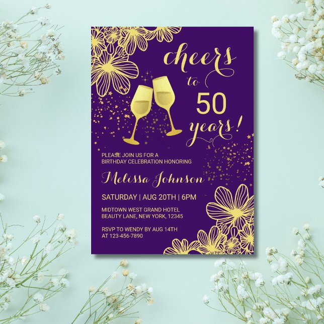 Cheers Champagne Floral Gold Purple Birthday Invitation (Creator Uploaded)