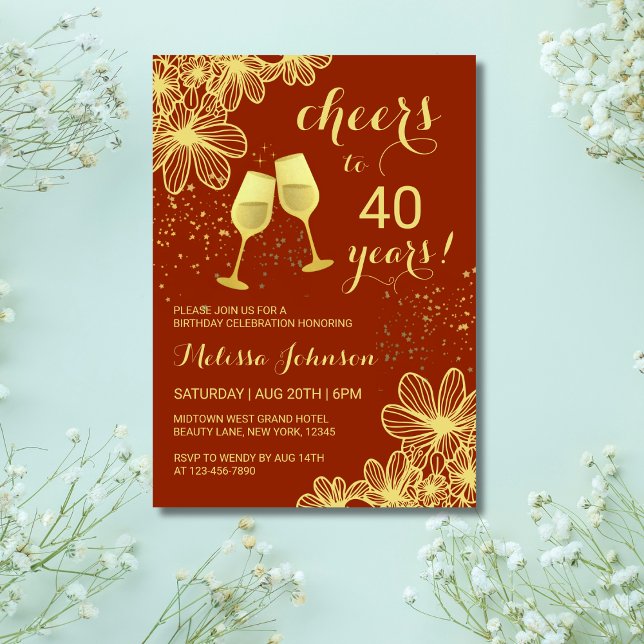 Cheers Champagne Floral Gold Terracotta  Birthday Invitation (Creator Uploaded)